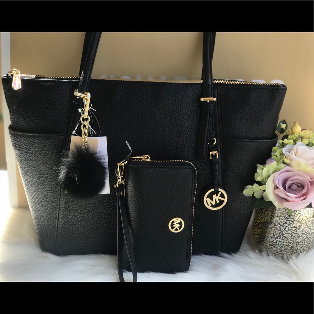 🌷MICHAEL KORS Black Pebbled Leather Tote Set - Picture 1 of 8